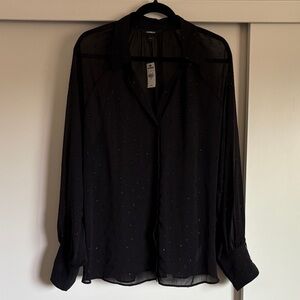 Express Button Down Black Sheer Blouse with Sparkle Detail